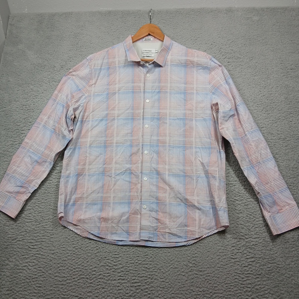 Calvin Klein Men's XXL Infinite Cool Non-Iron Plaid Dress Shirt Red Blue Cotton